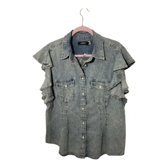 Ralph Lauren Blue Denim Ruffle Blouse - Picture 4 of 9